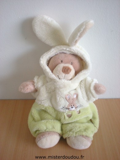 Doudou Ours Nicotoy Ours marron habit de lapin vert 