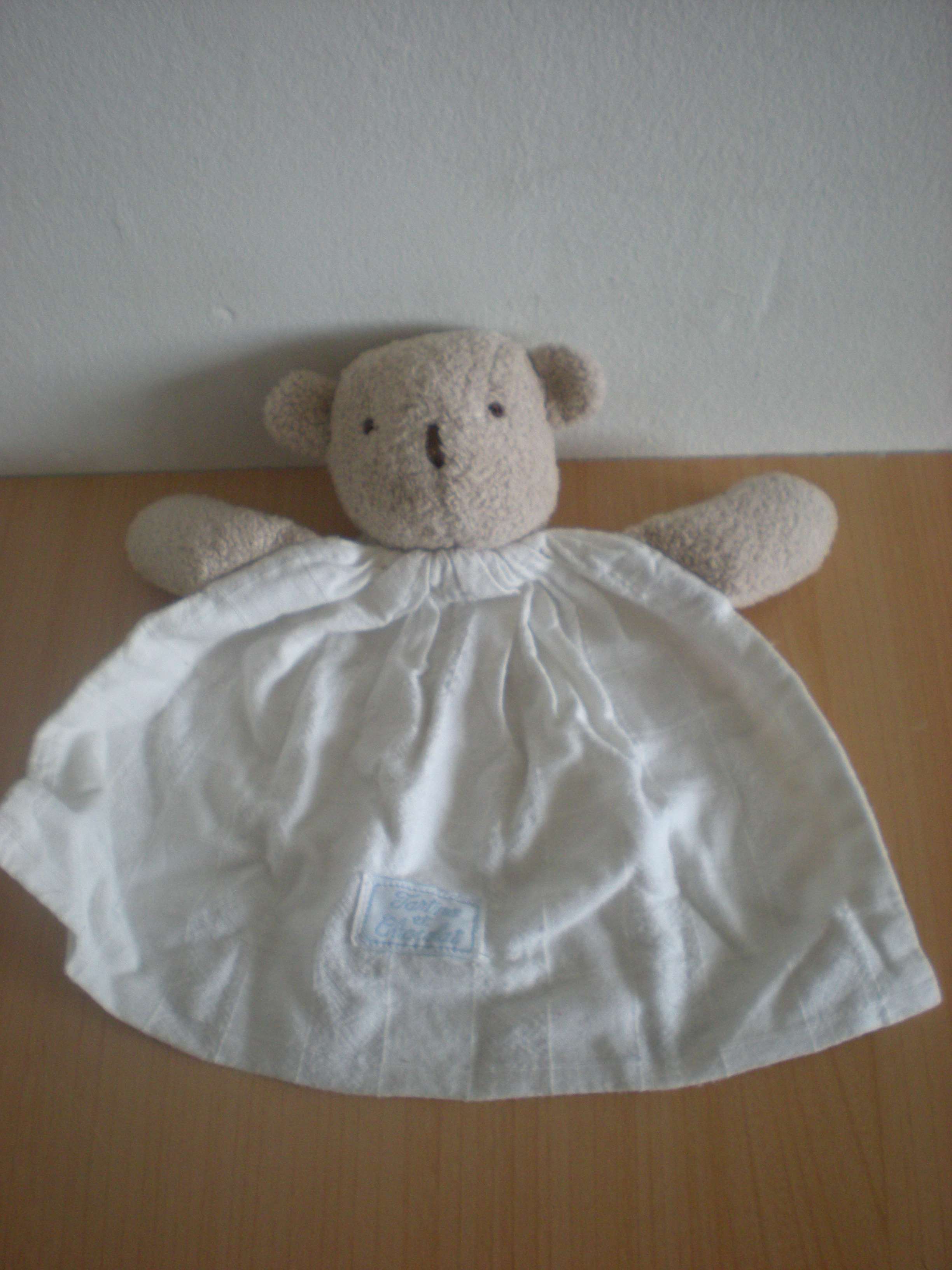 Doudou Ours Tartine et chocolat Beige , tissus lange blanc 