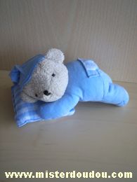 Doudou Ours Tartine et chocolat Bleu avec coussin à carreaux  bleu blanc Trace rose sur le pied