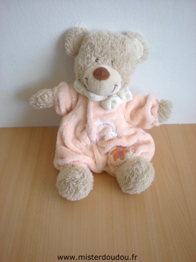 Doudou Ours Tex Beige combinaison rose saumon  avec nounours brodé nuages fleurs 