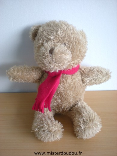 Doudou Ours Yves rocher Beige echarpe rouge 