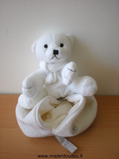 Doudou Ours Yves rocher Blanc echarpe blanche avec sa pochette 