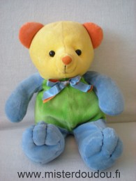 Doudou Ours - marque non connue - Bleu vert jaune orange Quelques traces   mais bon état général