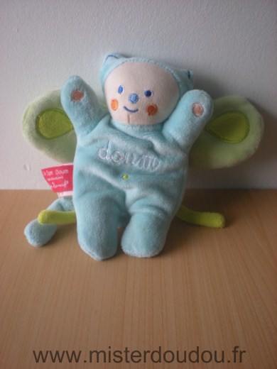 Doudou Papillon Baby nat Dim dam doum bleu vert brodé doum 