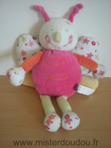 Doudou Papillon Sucre d orge Rose ailes blanches motifs fleurs 