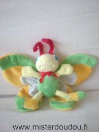 Doudou Papillon - marque non connue - Jaune blanc vert rouge Ficelle derrière la t^te coupée