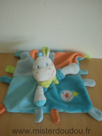 Doudou Poney Nicotoy Bleu orange a poids blancs foulard vert oiseau brodé 