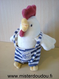 Doudou Poule Moulin roty Blanc salopette rayée bleu blanc Boite sonnore ne fonctionne plus