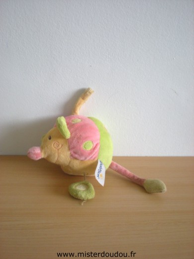 Doudou Souris Baby sun Vert rose jaune Tres bon état général mais la boite à musique ne fonctionne plus