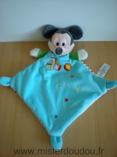 Doudou Souris Disney Mickey losange bleu vert abc dessous blanc etoiles multicolores 