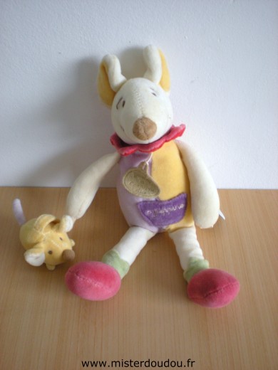 Doudou Souris Doudou et compagnie Agrippine  jaune mauve ecru tenant  une souris 