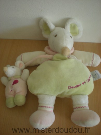 Doudou Souris Doudou et compagnie Barbotine avec bebe, vert blanc 