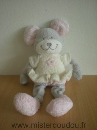 Doudou Souris Nicotoy Grise robe ecru fleur rose 