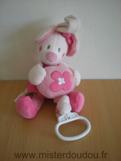 Doudou Souris Nicotoy Rose blanc tenant boite a musique avec fleur rose 