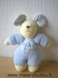 Doudou Souris Nounours Bleu jaune motifs bleuet 