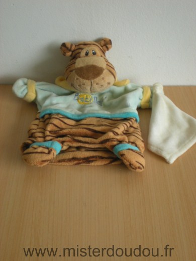 Doudou Tigre Baby nat Bleu marron tigre  mouchoir blanc 