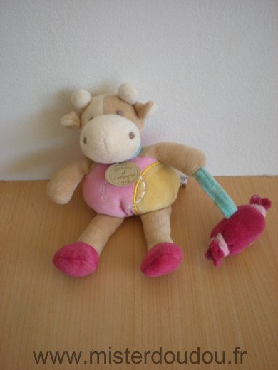 Doudou Vache Doudou et compagnie Cerise avec bonbon rose jaune rouge beige 