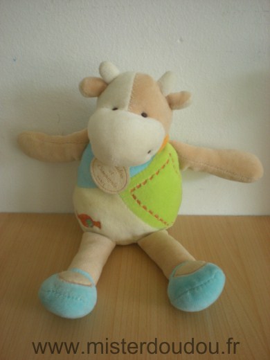 Doudou Vache Doudou et compagnie Cerise vert bleu ecru beige avec un bonbon orange brode 