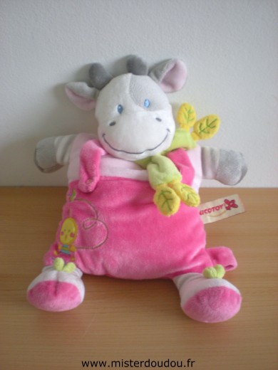 Doudou Vache Nicotoy Rose gris vert avec brodés un poussin jaune et un papillon 