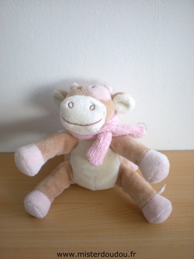 Doudou Vache Noukie s Lola  beige ecru echarpe rose 